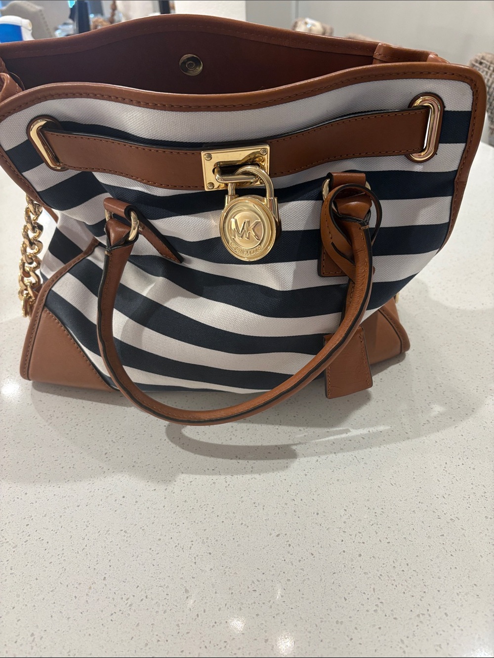 Michael Kors Navy & White Striped Tote with Brown Leather Trim